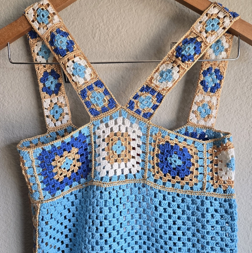 REVOLVE Sky Blue Crochet Maxi Dress with Multicolor Mosaic Trim - Picture 8 of 10